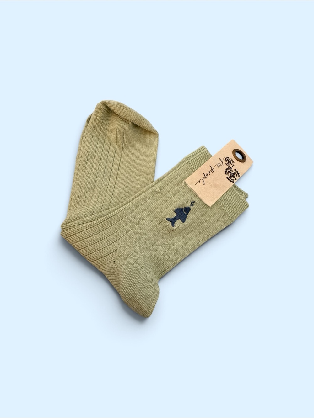 Free people Olive Ribbed Crew Socks with Embroidered Fish - Unbranded